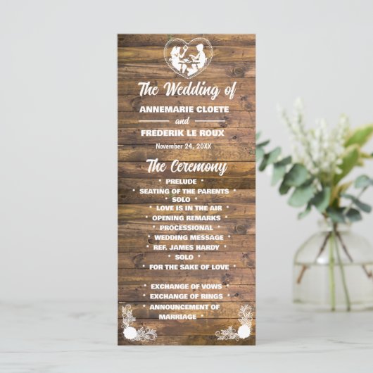 Houten Rustiek Kant Bruiloft Programma (Staand voorkant)