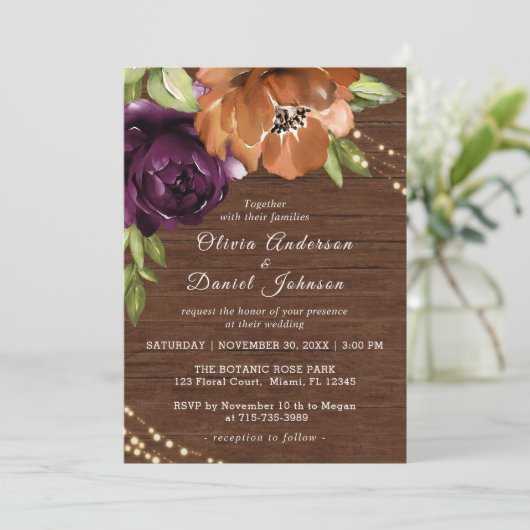 Houten rustiek Sinaasappel, Paarse bruiloft uitnod Kaart (Staand voorkant)