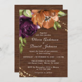 Houten rustiek Sinaasappel, Paarse bruiloft uitnod Kaart (Voorkant / Achterkant)