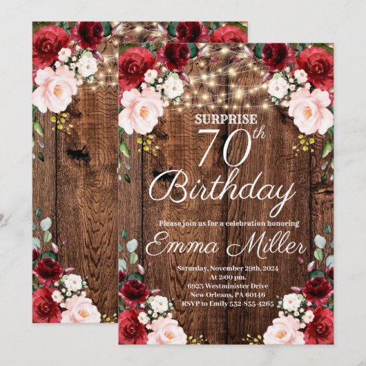 Houten Rustieke Bourgondische Bloemen Verrassing 7 Kaart (Voorkant / Achterkant)