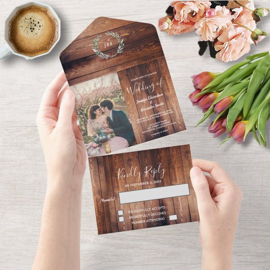 Houten rustieke foto waterverf bladeren Bruiloft All In One Uitnodiging