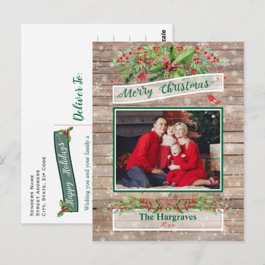 Houten Rustieke Kerst Holly Snowflake Familie Briefkaart (Voorkant / Achterkant)