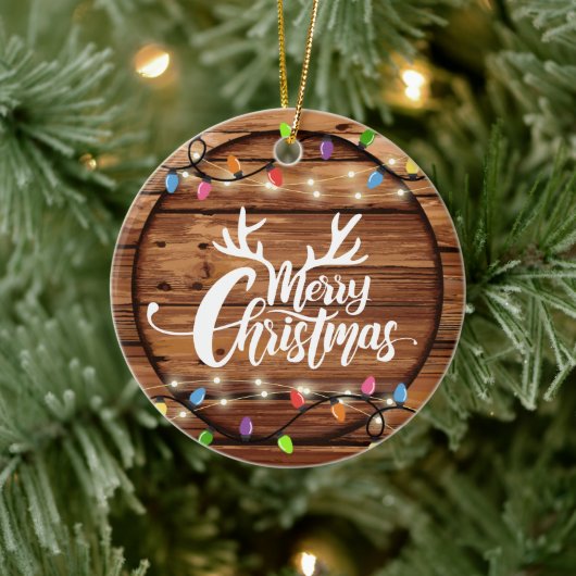 Houten rustieke kerst licht script familie foto keramisch ornament (Boom)