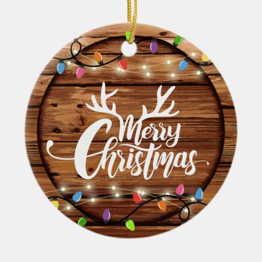 Houten rustieke kerst licht script familie foto keramisch ornament (Voorkant)