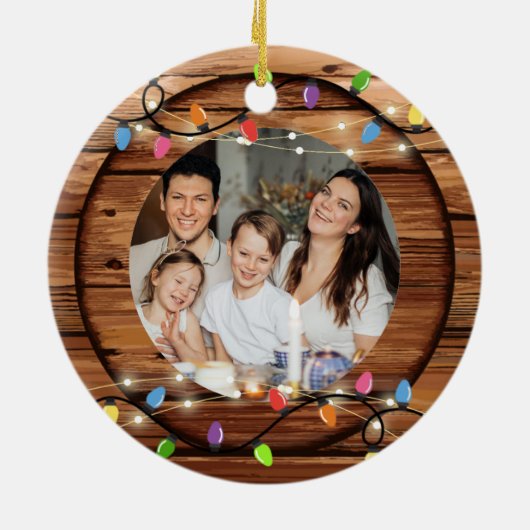 Houten rustieke kerst licht script familie foto keramisch ornament (Achterkant)