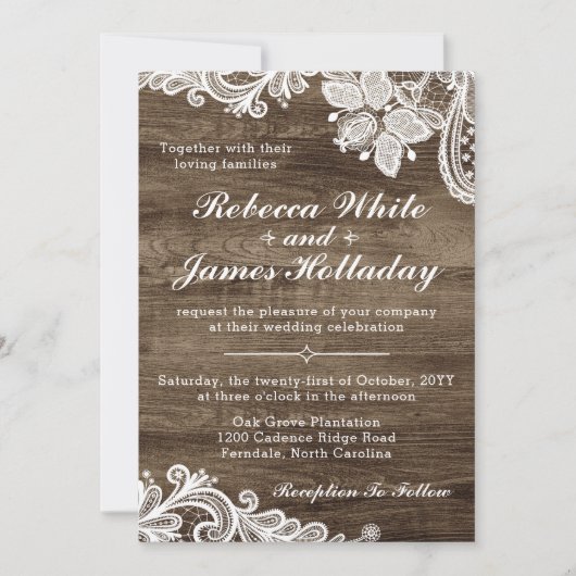 Houten rustieke & vintage kant trouw uitnodiging (Voorkant)