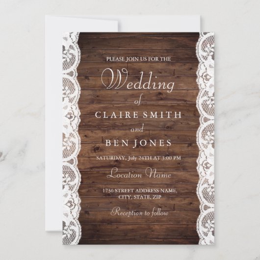 Houten Rustieke Witte Kanten Trouw Uitnodiging (Voorkant)