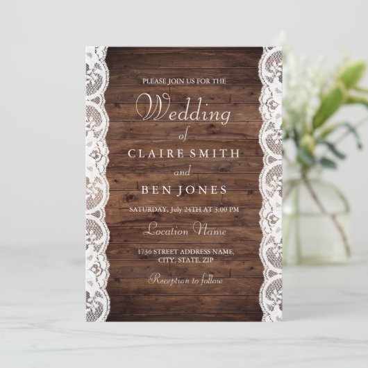 Houten Rustieke Witte Kanten Trouw Uitnodiging (Staand voorkant)