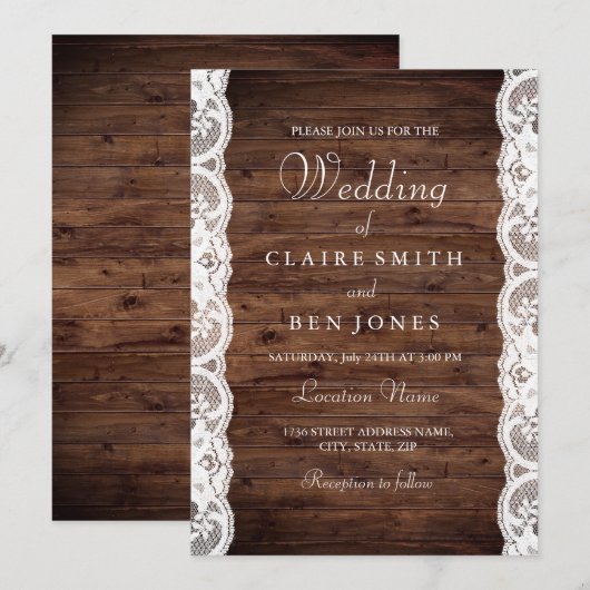 Houten Rustieke Witte Kanten Trouw Uitnodiging (Voorkant / Achterkant)