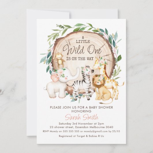 Houten Schijf Bloemige Blad Safari Baby Shower Kaart (Voorkant)