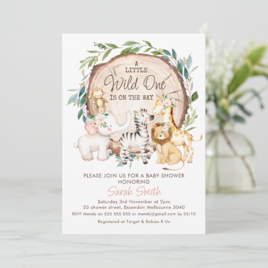 Houten Schijf Bloemige Blad Safari Baby Shower Kaart (Staand voorkant)