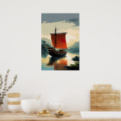 Houten Schip op Vreedzame Rivier Poster (Keuken)