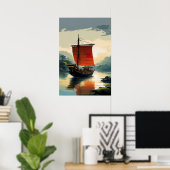 Houten Schip op Vreedzame Rivier Poster (Thuiskantoor)