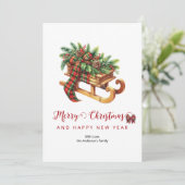 Houten slede voor takken Groen & Rood Plaid Feestdagenkaart (Staand voorkant)