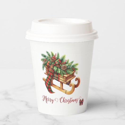 Houten slede voor takken Groen & Rood Plaid Papieren Bekers (Voorkant)