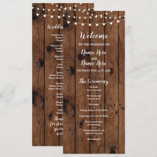 Houten & Slingerende Lichtjes Trouwprogramma in Ru Programmakaart (Voorkant / Achterkant)