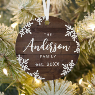 Houten Sneeuwvlokken Aangepaste Familienaam Script Metalen Ornament