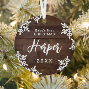 Houten Sneeuwvlokken Baby's Eerste Kerstmis Naam S Metalen Ornament