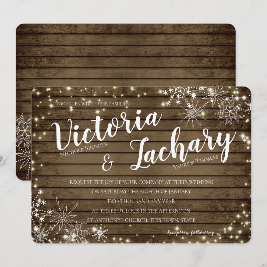 houten sneeuwvlokken en sprankelende bruiloft kaart (Voorkant / Achterkant)