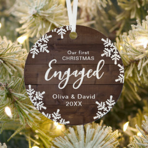 Houten Sneeuwvlokken Ons Eerste Kerstverlovings Sc Metalen Ornament