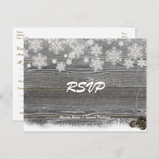 Houten & Sneeuwvlokken Trouw RSVP-ansichtkaart Uitnodiging Briefkaart (Voorkant / Achterkant)
