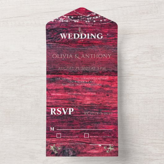 Houten Snoerlampen Huwelijk Rustiek Rood All In One Uitnodiging (Binnen)