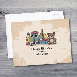 Houten speelgoed met trein, zeilboot en teddybeer briefkaart