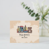 Houten speelgoed met trein, zeilboot en teddybeer briefkaart (Staand voorkant)