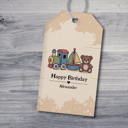 Houten Speelgoed met trein, zeilboot en teddybeer Cadeaulabel
