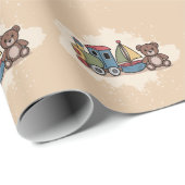 Houten Speelgoed met trein, zeilboot en teddybeer Cadeaupapier (Rol Hoek)