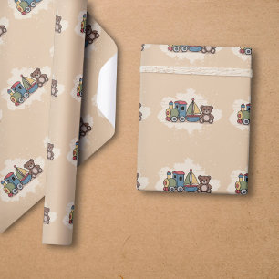 Houten Speelgoed met trein, zeilboot en teddybeer Cadeaupapier