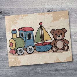 Houten Speelgoed met trein, zeilboot en teddybeer Legpuzzel