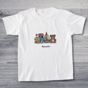 Houten Speelgoed met trein, zeilboot en teddybeer T-shirt
