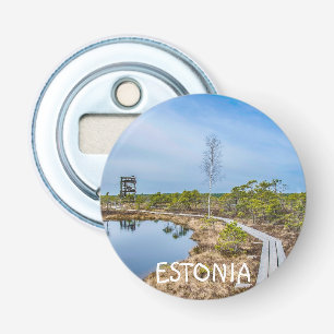 Houten spoor over moeras in Estland Button Flesopener