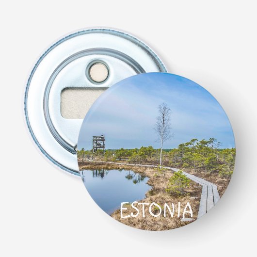 Houten spoor over moeras in Estland Button Flesopener (Voorkant)