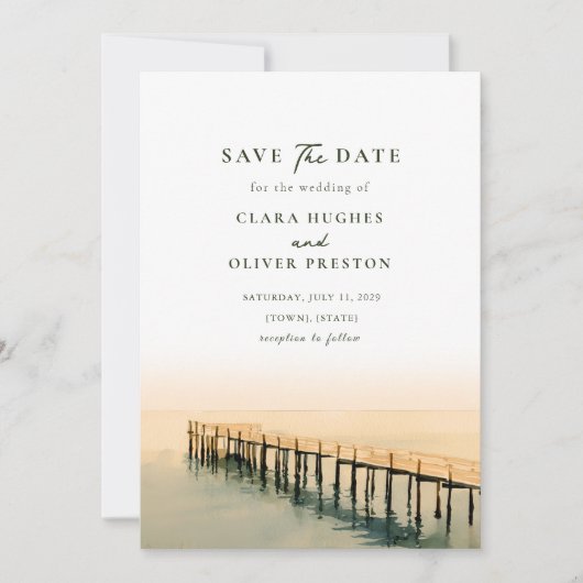 Houten Steiger Key West Zeewater Aquarel Bruiloft Save The Date (Voorkant)