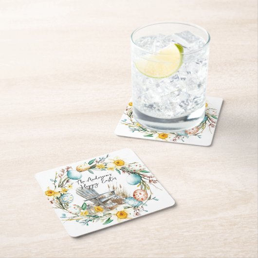 Houten stoel en paaseieren en bloemenpaas kartonnen onderzetters (Insitu)