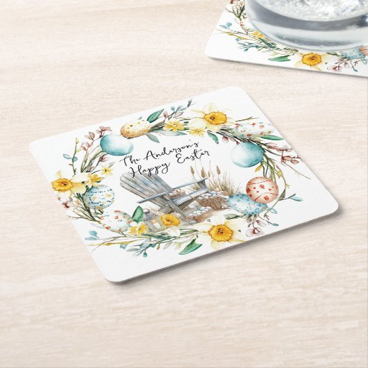 Houten stoel en paaseieren en bloemenpaas kartonnen onderzetters (Schuin)