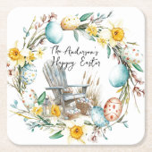 Houten stoel en paaseieren en bloemenpaas kartonnen onderzetters (Voorkant)