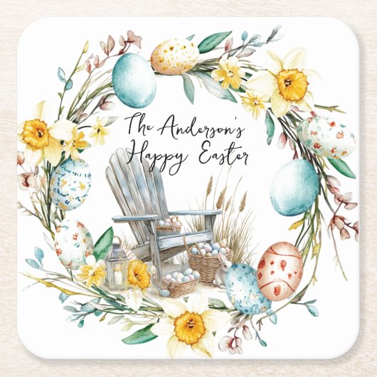 Houten stoel en paaseieren en bloemenpaas kartonnen onderzetters (Voorkant)