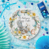 Houten stoel en paaseieren en bloemenpaas papieren bordje (Feest)