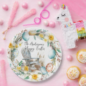 Houten stoel en paaseieren en bloemenpaas papieren bordje (Feest)