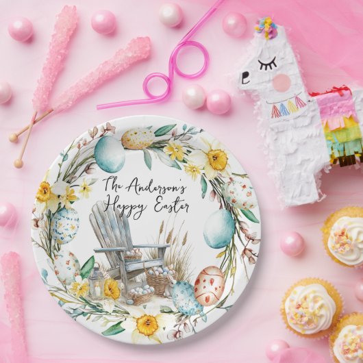 Houten stoel en paaseieren en bloemenpaas papieren bordje (Feest)