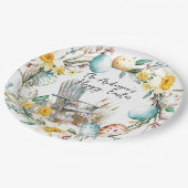 Houten stoel en paaseieren en bloemenpaas papieren bordje (Gekanteld)