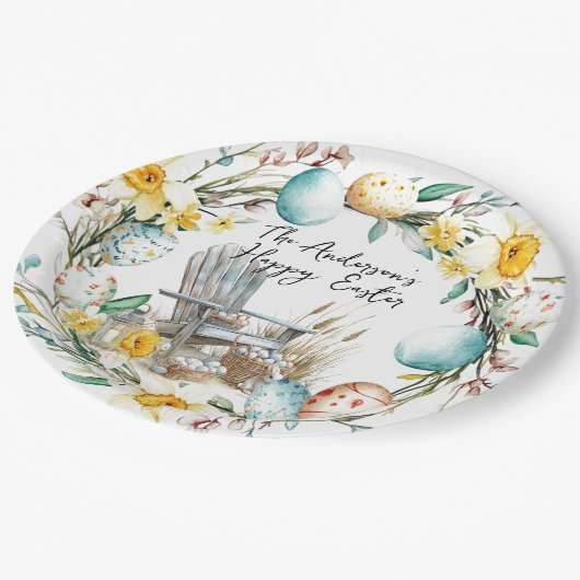 Houten stoel en paaseieren en bloemenpaas papieren bordje (Gekanteld)