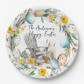 Houten stoel en paaseieren en bloemenpaas papieren bordje (Voorkant)