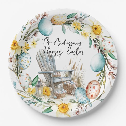 Houten stoel en paaseieren en bloemenpaas papieren bordje (Voorkant)