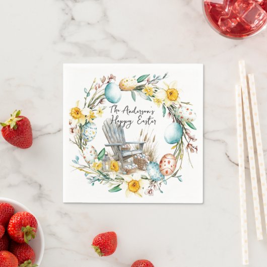 Houten stoel en paaseieren en bloemenpaas servet (Insitu)