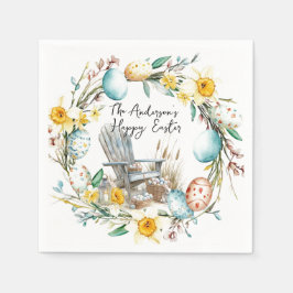 Houten stoel en paaseieren en bloemenpaas servet