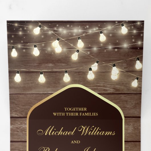 Houten stoffige Rozen Mason Jar String Lights Wedd Drieluik Uitnodiging (Binnenzijde eerst)